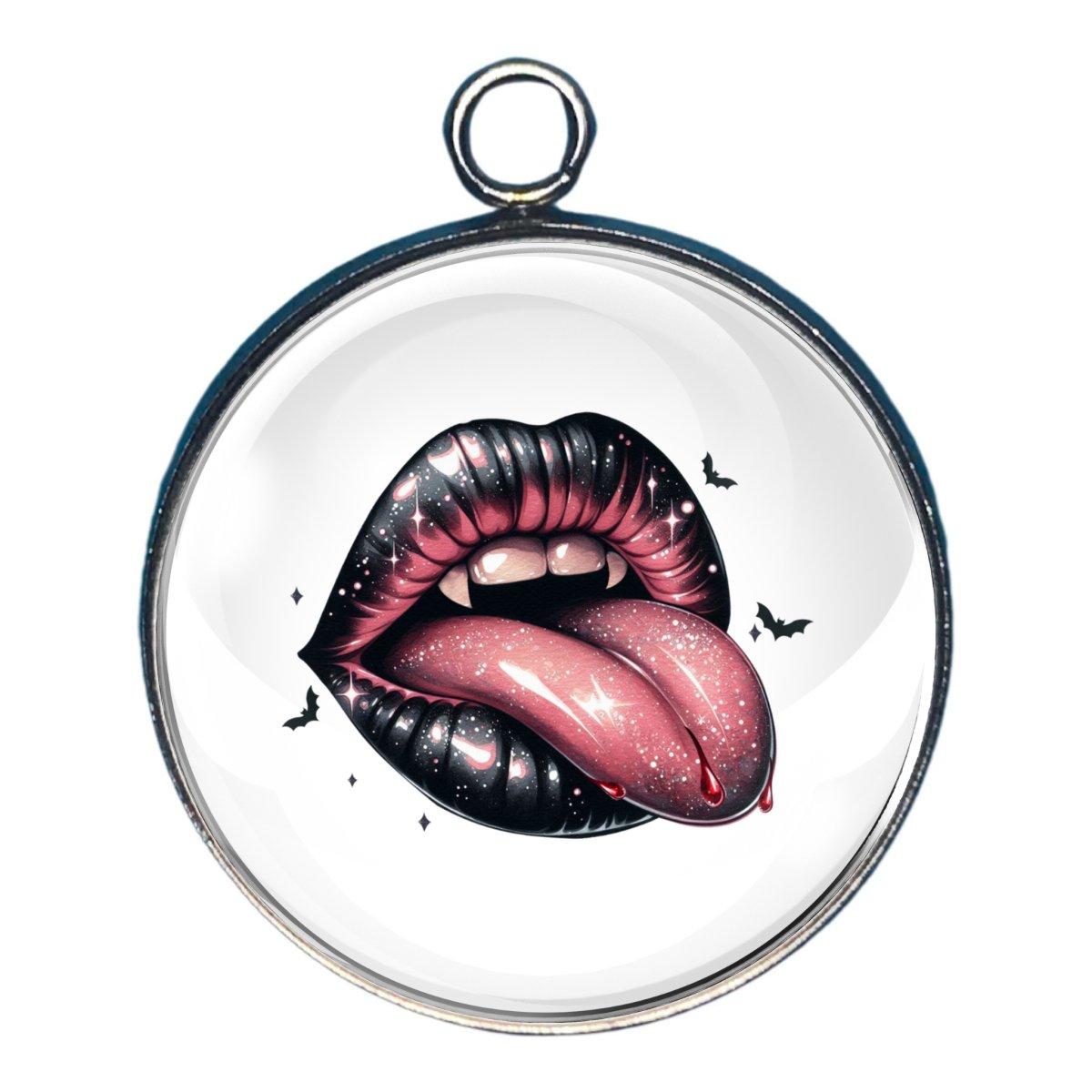 Charm of black lips with teeth and fangs with a tongue sticking out.