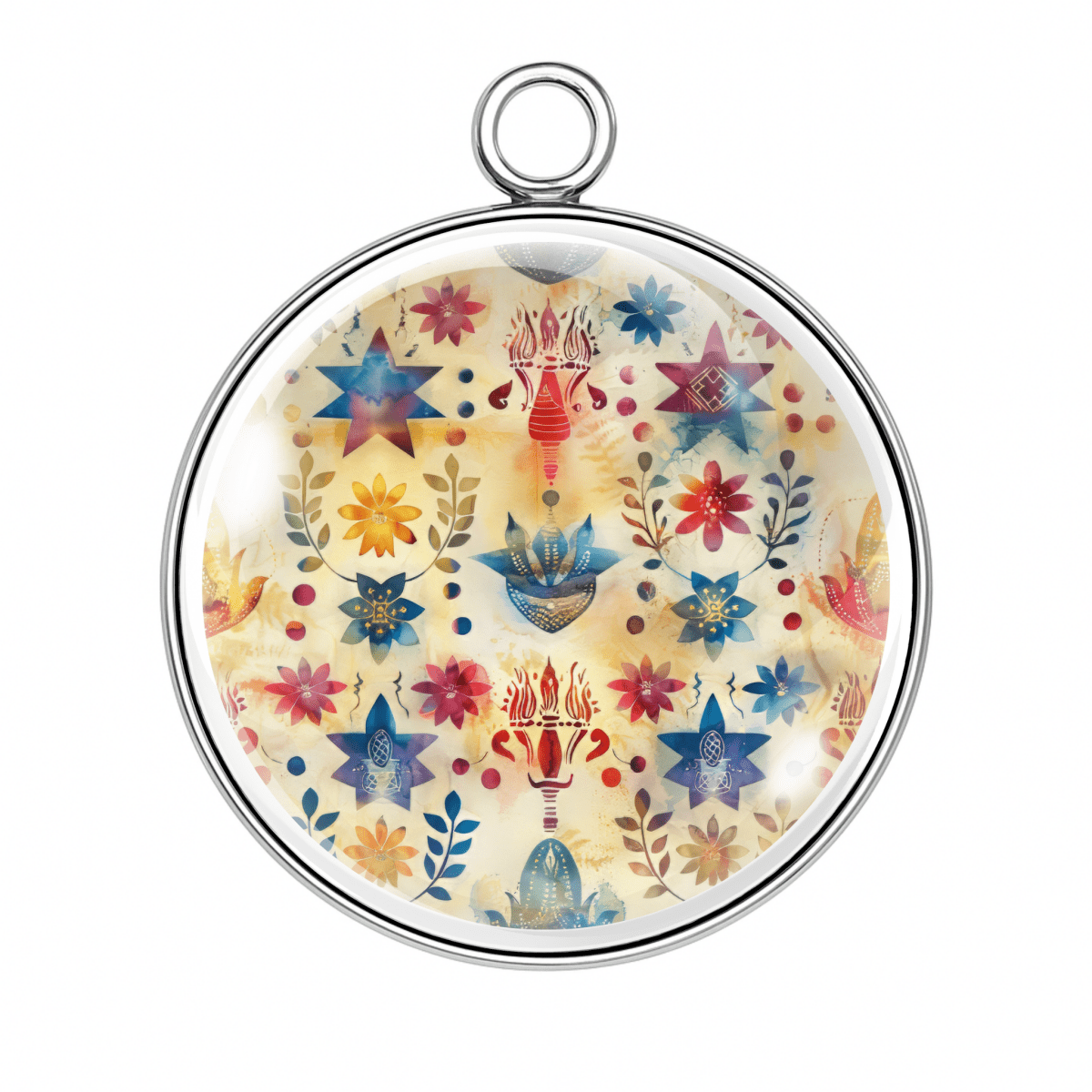 Star of David charm with vibrant red, yellow, and blue floral motifs