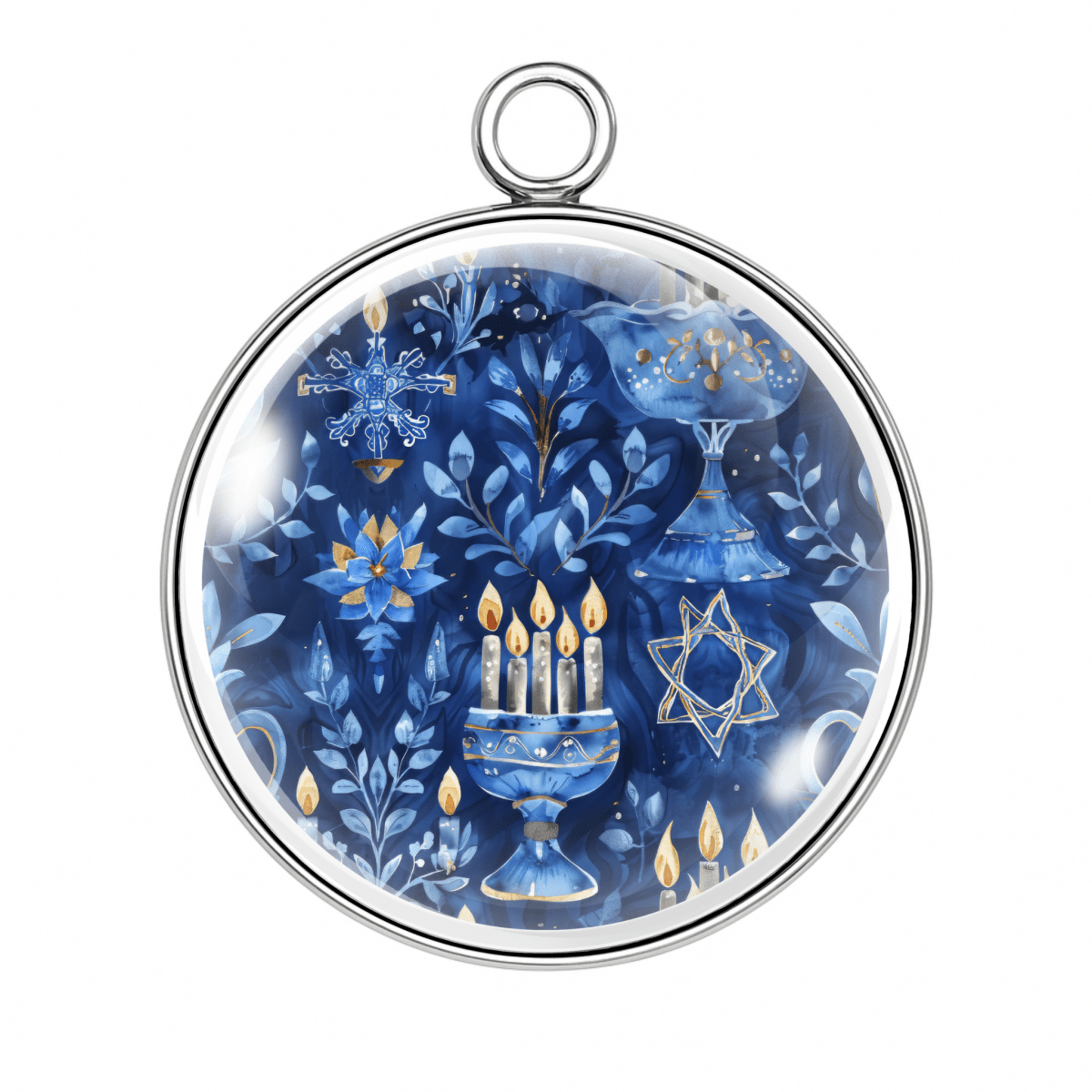 Midnight blue Hanukkah charm with candles, menorah, and shining stars