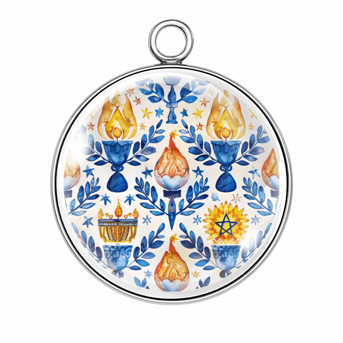 Warm-tone charm with candles, menorahs, and blue leaf details
