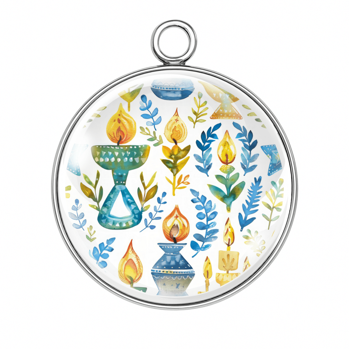 Charm with yellow flames, vases, menorahs, and delicate foliage