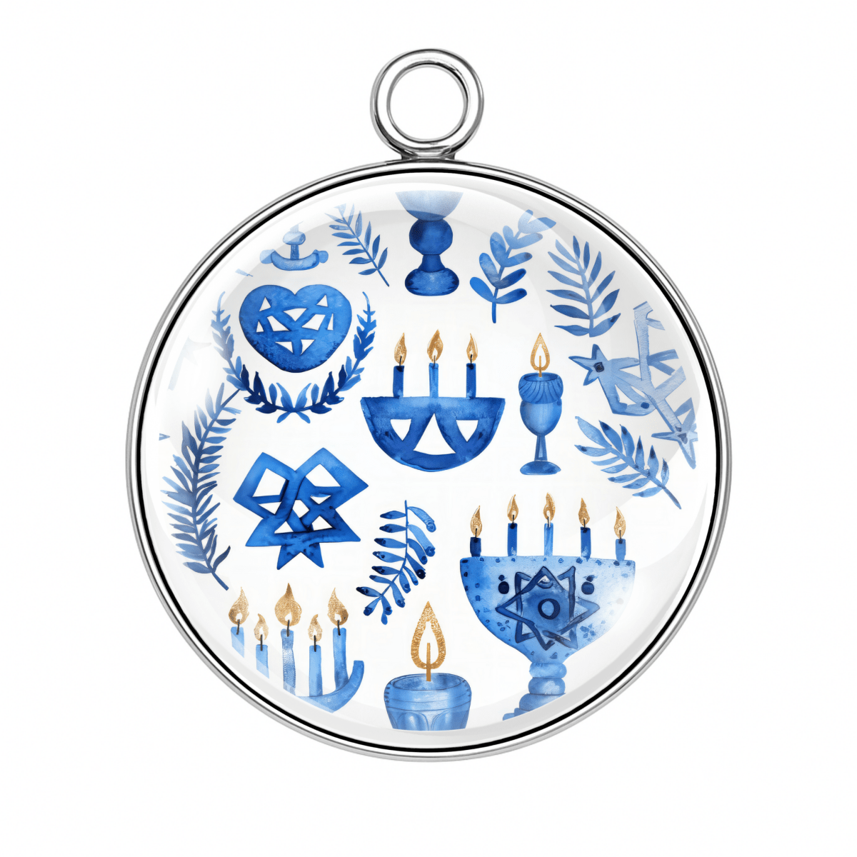 Pale charm with blue menorahs, hearts, and Star of David