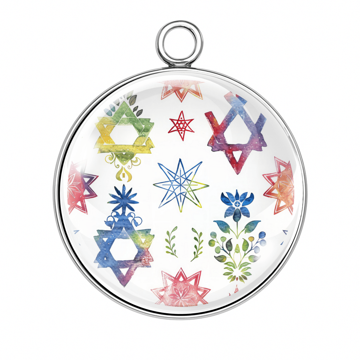 Star of David charm with red, green, and purple stars and plants