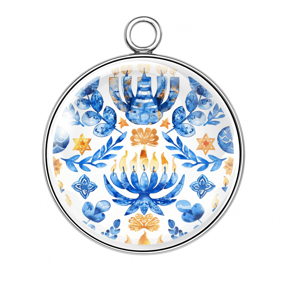 Deep blue menorah charm with orange candles and botanical accents