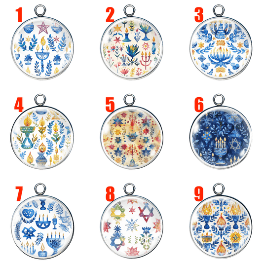 A collection of 9 colorful Hanukkah and Judaica-themed round glass charms with silver settings, each numbered 1 through 9 for easy selection.