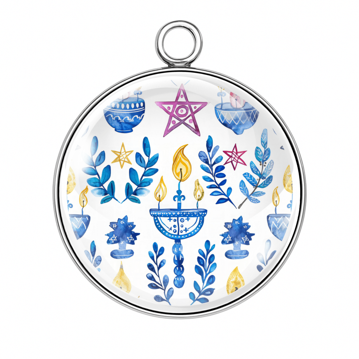 Hanukkah charm with pink Star of David, menorahs, candles, and blue leaves