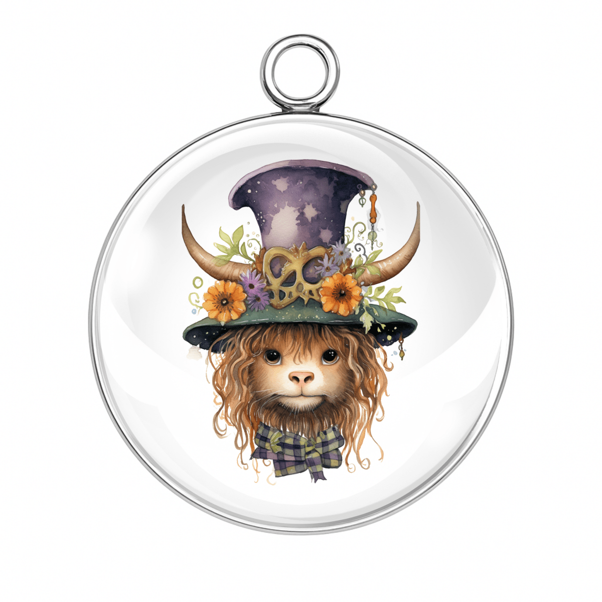 Highland cow in a glittery purple steampunk witch hat with florals