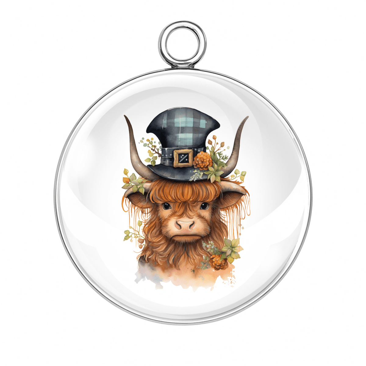 Highland cow in a tartan witch hat with thistle and rose accents