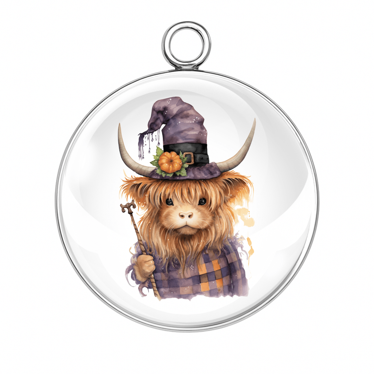 Highland cow in a purple plaid outfit and tall pointed hat with flower