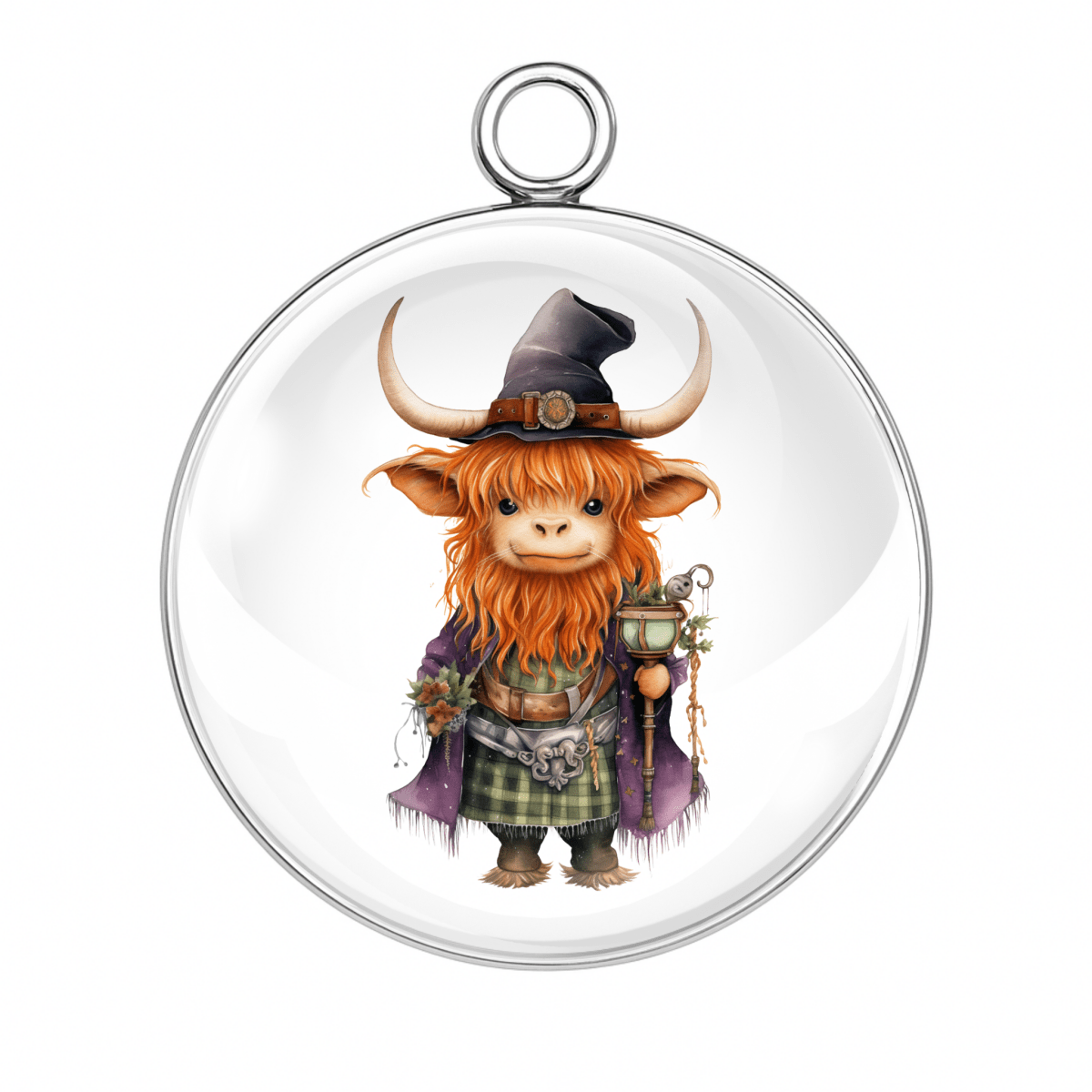 Highland cow in a Celtic-inspired green cloak and horned witch hat