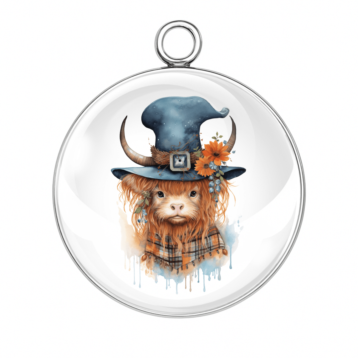 Highland cow with a blue witch hat and dripping paint accents