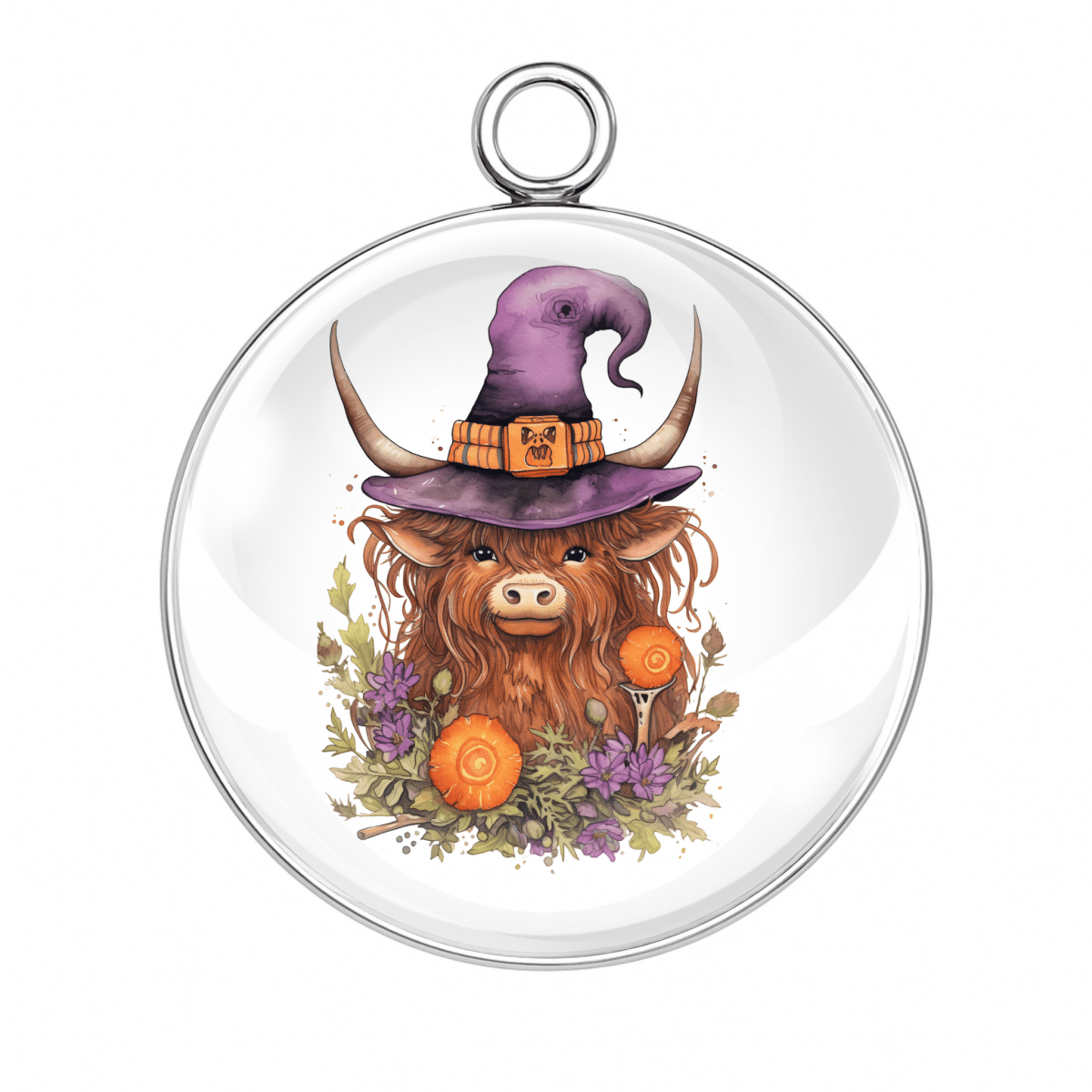 Highland cow in a wide purple witch hat with orange pumpkins and flowers