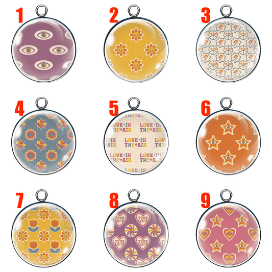 Set of 9 Hippie Print Glass Charms – Assorted Sizes for DIY Jewelry & Crafts