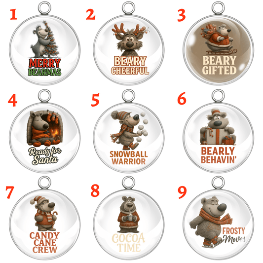 Holiday Cheer Bear Charms Collection featuring nine adorable Christmas bear designs from I Like Worms. Includes Merry Bearmas, Beary Cheerful, Beary Gifted, Ready for Santa, Snowball Warrior, Bearly Behavin’, Candy Cane Crew, Cocoa Time, and Frosty Moves — each shown inside a round silver glass cabochon charm with numbered labels 1 through 9.