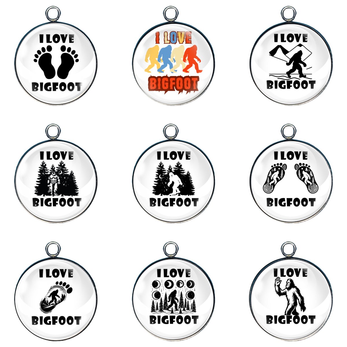 9 I Love Bigfoot glass cabochon charms