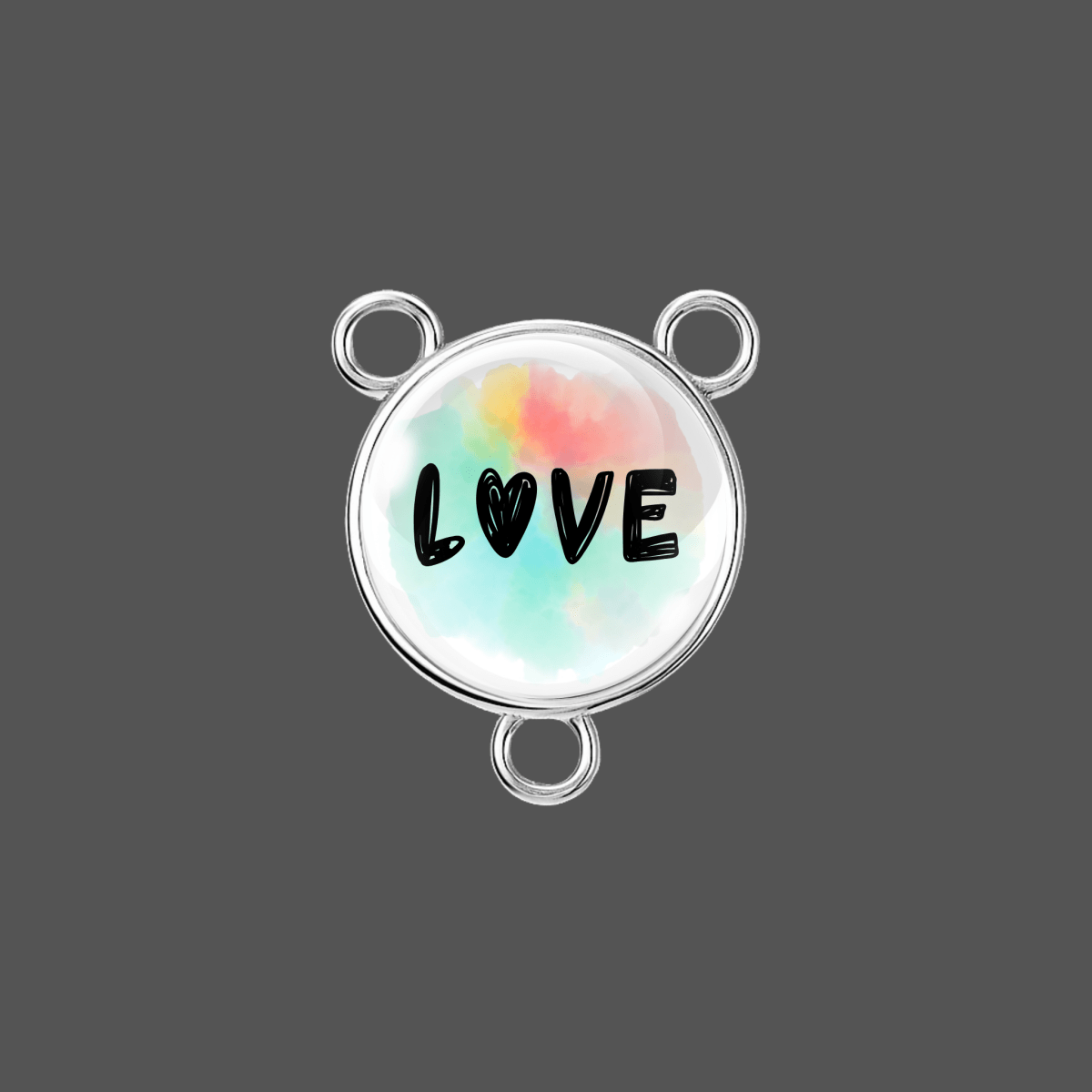 Jewelry charm with 'LOVE' text on a multicolored background