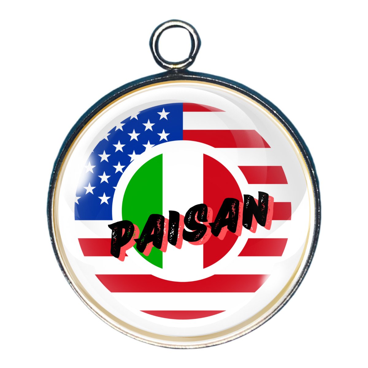 charm with a circle of the American Flag with the Italian Flag in the middle with the word PAISAN