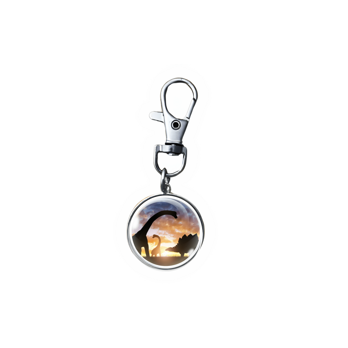 βSunset dinosaur silhouette zipper pull with long-necked Brachiosaurus and Stegosaurus, 18mm handmade charm.β
