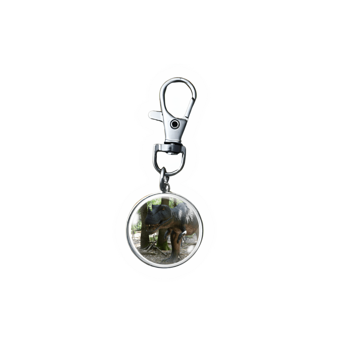 βClose-up jungle predator dinosaur charm with sharp teeth, dark green coloring, and forest background, 18mm stainless steel zipper pull.β