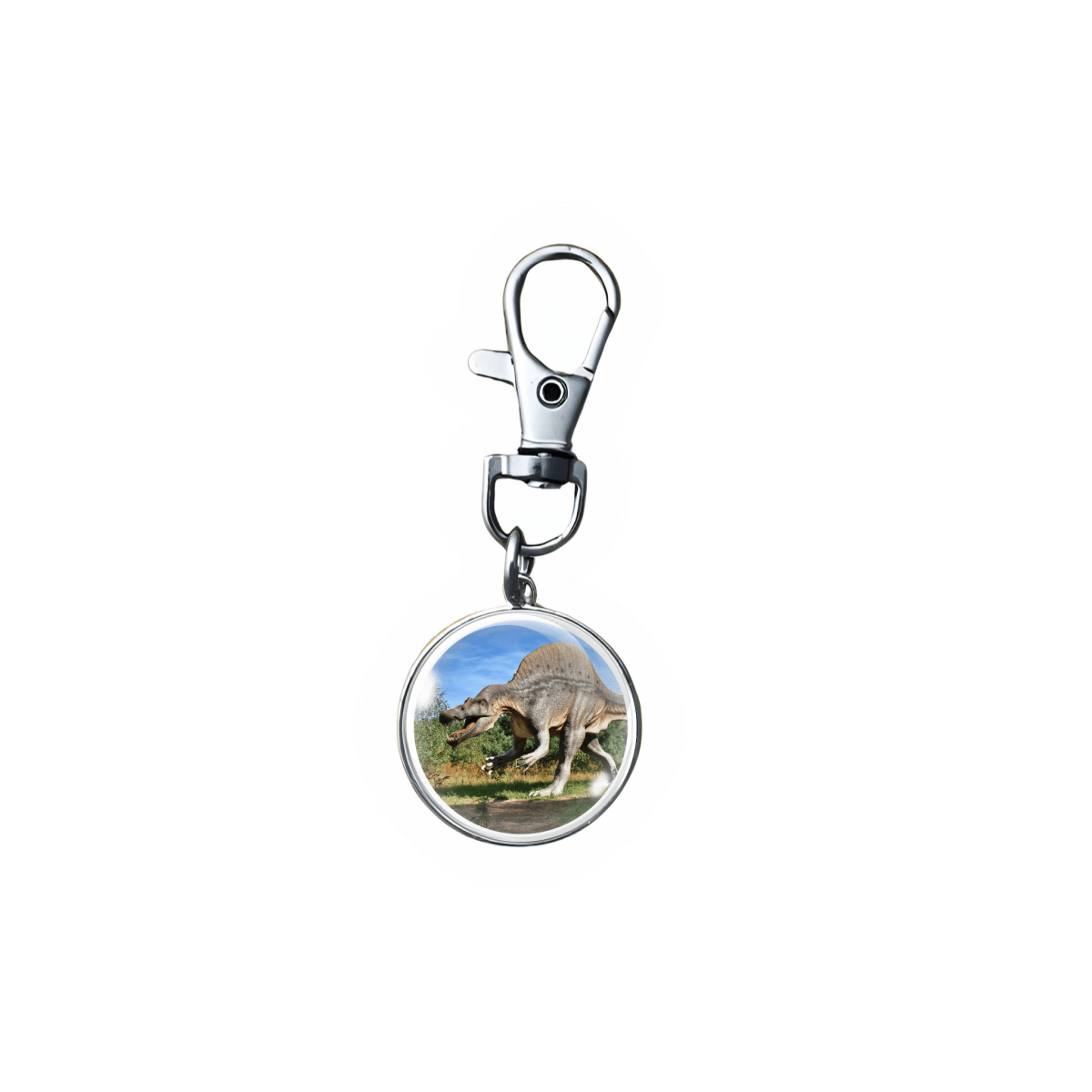 βSpinosaurus zipper pull charm handmade with an 18mm cabochon, showing the dinosaur walking in an open field.β