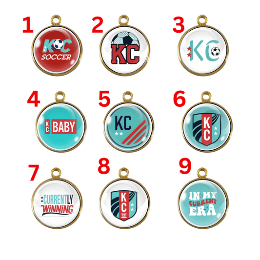 “Set of 9 Kansas City soccer-themed handmade charms in red, teal, and blue.”