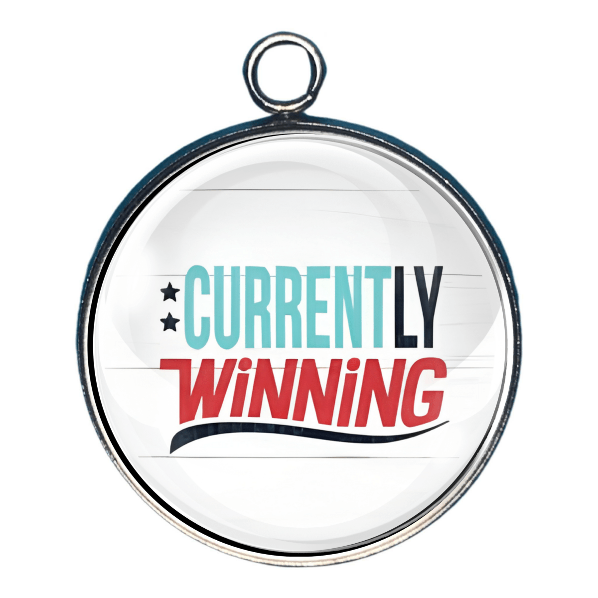 Currently Winning charm with teal and red text.