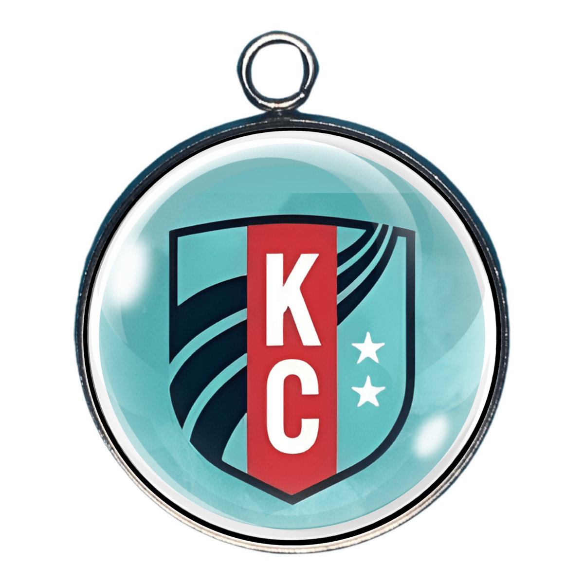 KC soccer shield logo charm in teal and red.