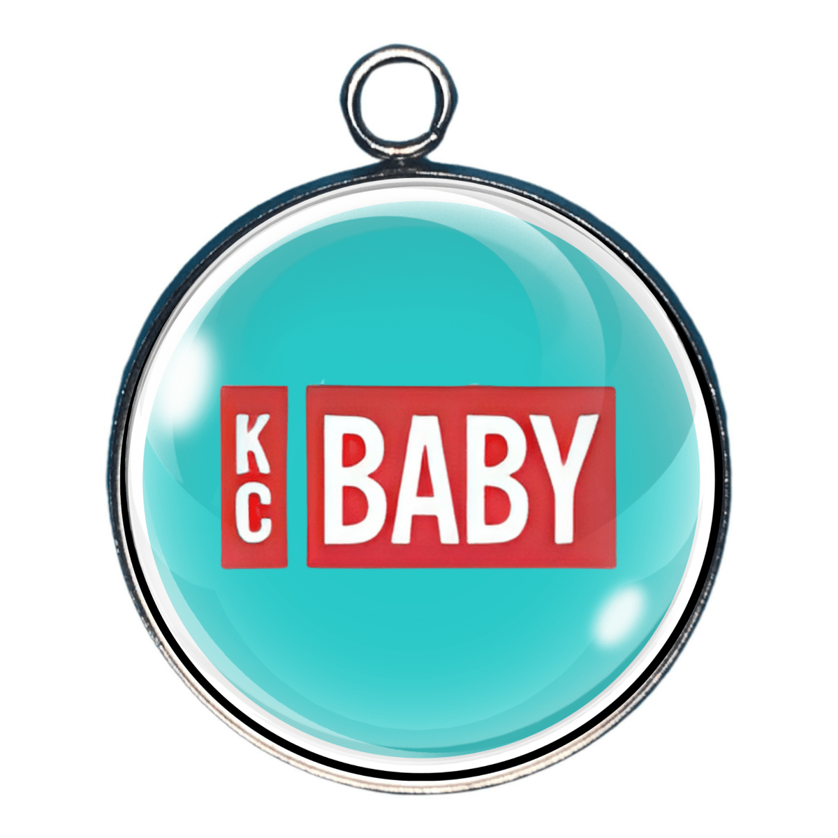 KC Baby charm with teal and red lettering.