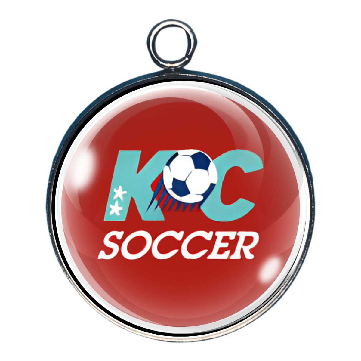 KC Soccer charm with red background and soccer ball design.