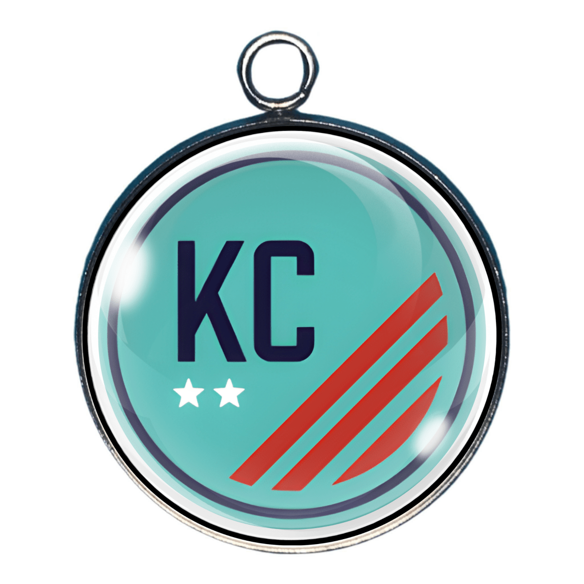 KC soccer charm with diagonal red stripes and stars.