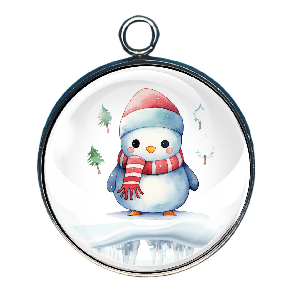 Charm of a Kawaii penguin wearing a red striped hat and scarf, standing on ice with evergreen trees in the background.