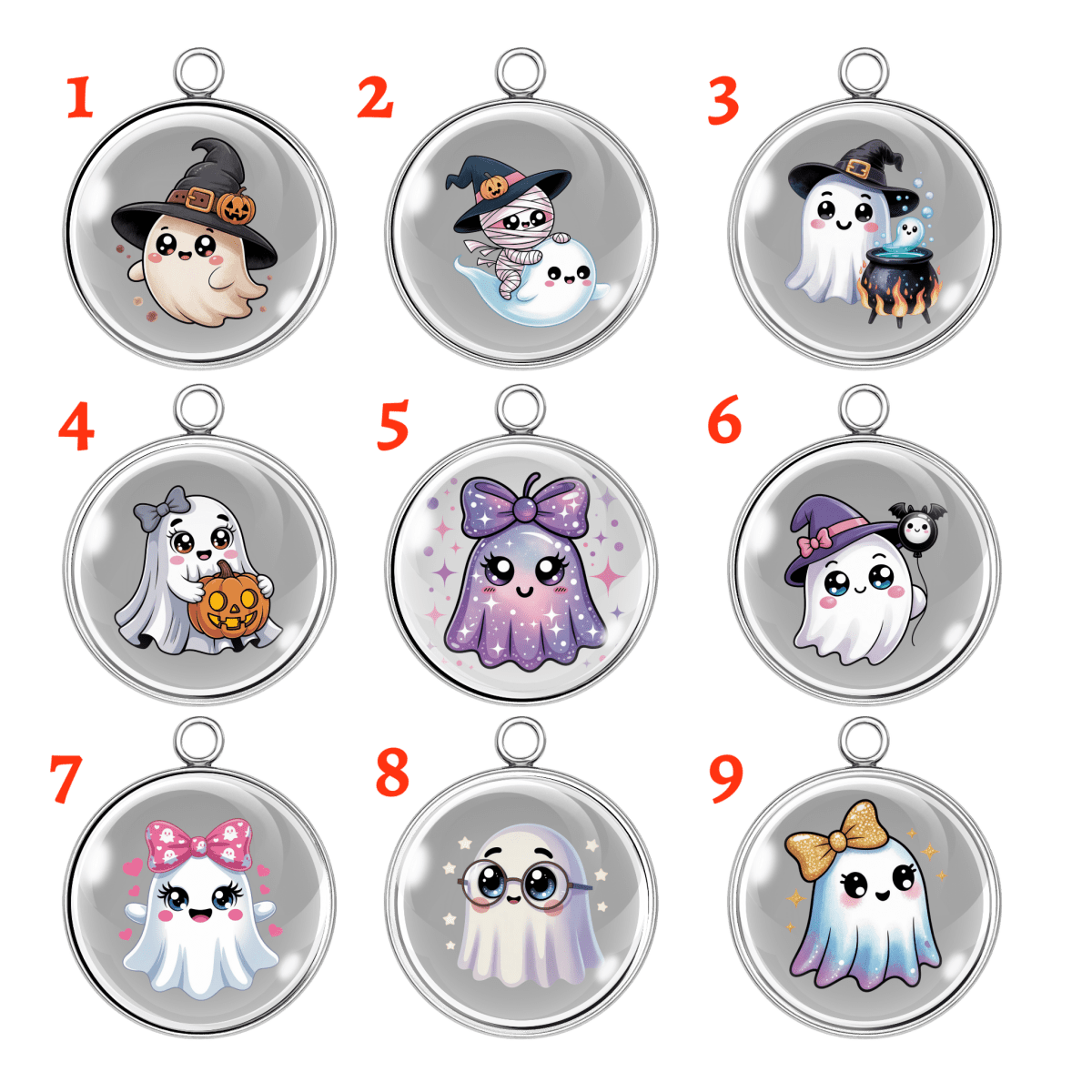 Group of 9 kawaii Halloween ghost charms, each with a unique design including bows, witch hats, cauldrons, pumpkins, and glasses.