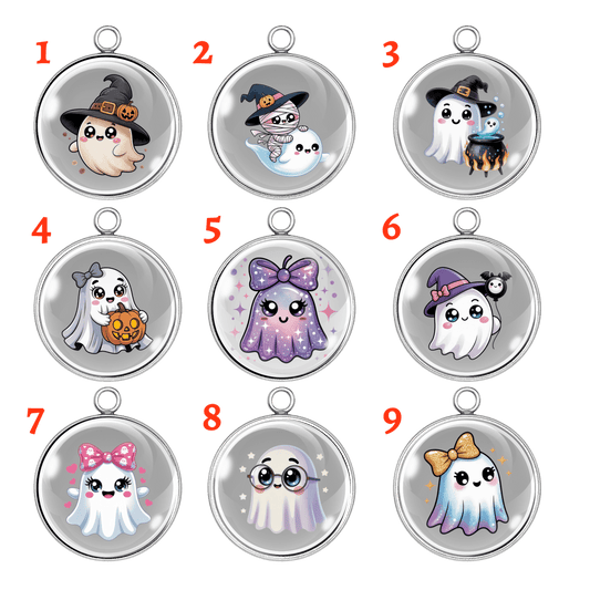 Group of 9 kawaii Halloween ghost charms, each with a unique design including bows, witch hats, cauldrons, pumpkins, and glasses.