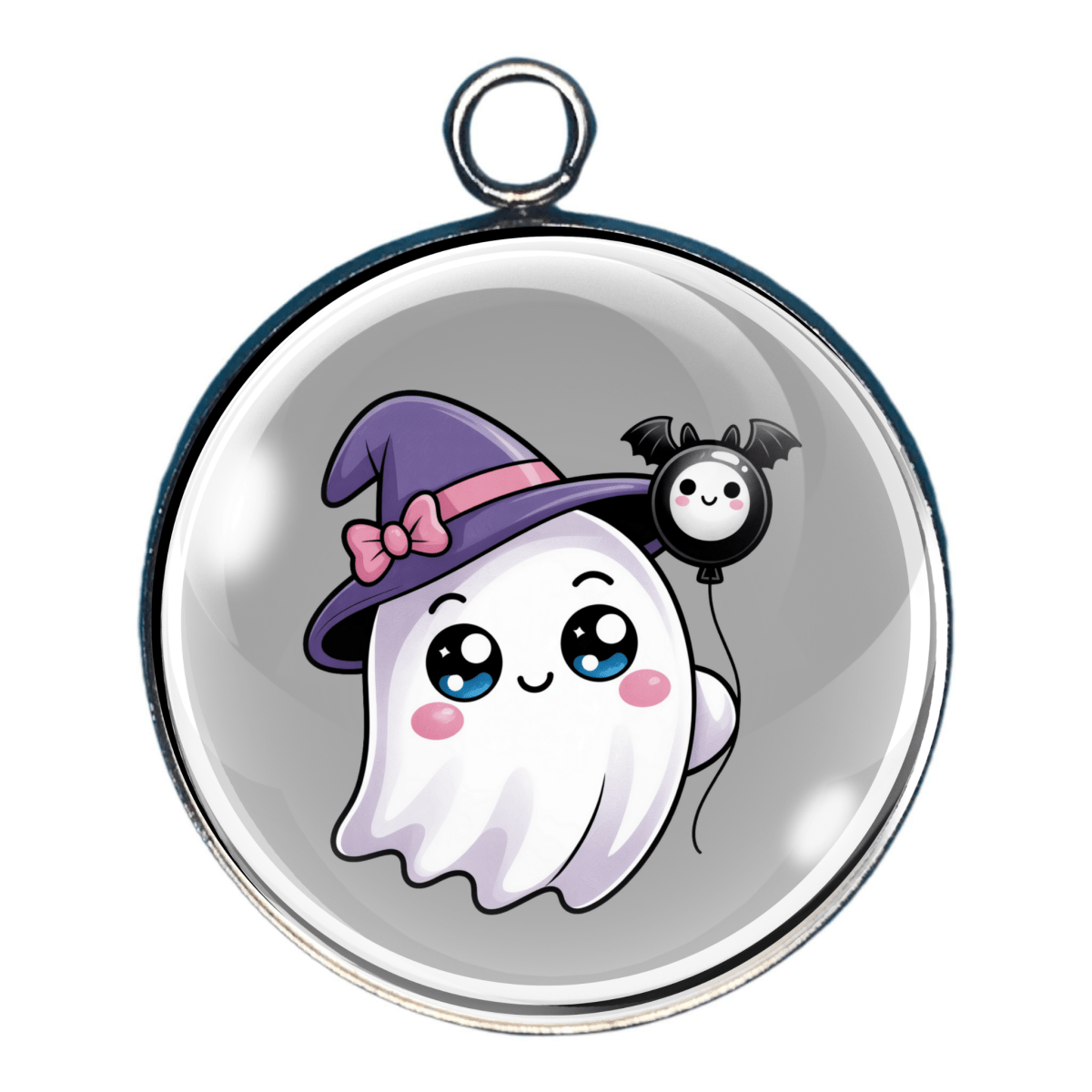Charm of  a cartoon ghost wearing a witch hat and holding a bat balloon.