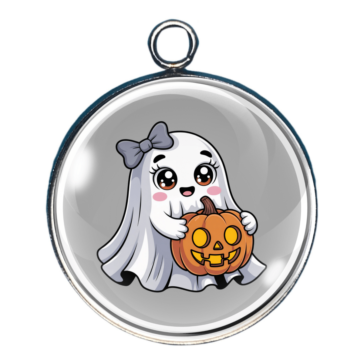 Charm of a Ghost with a grey bow holding a smiling jack-o’-lantern.
