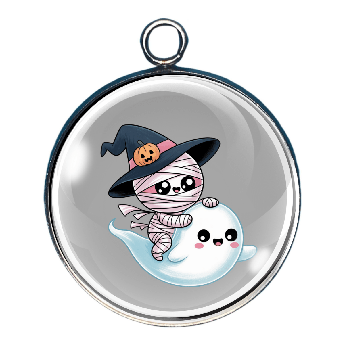 Charm of a Ghost with a mummy friend riding on his back and  wearing a witch hat.