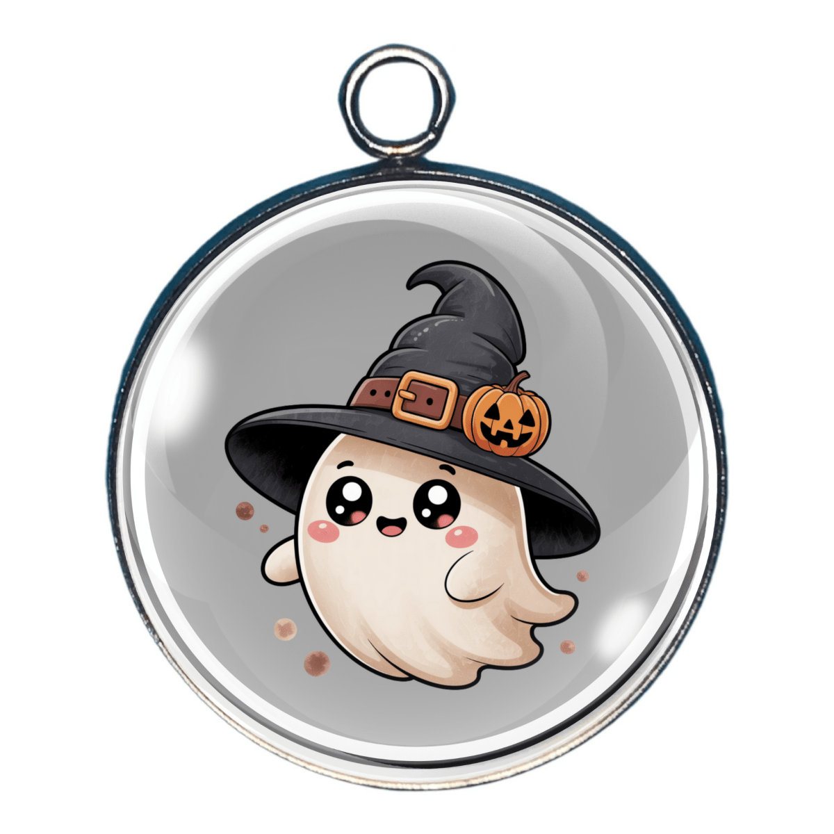 Charm of a Cute ghost wearing a witch hat with pumpkin detail and rosy cheeks.