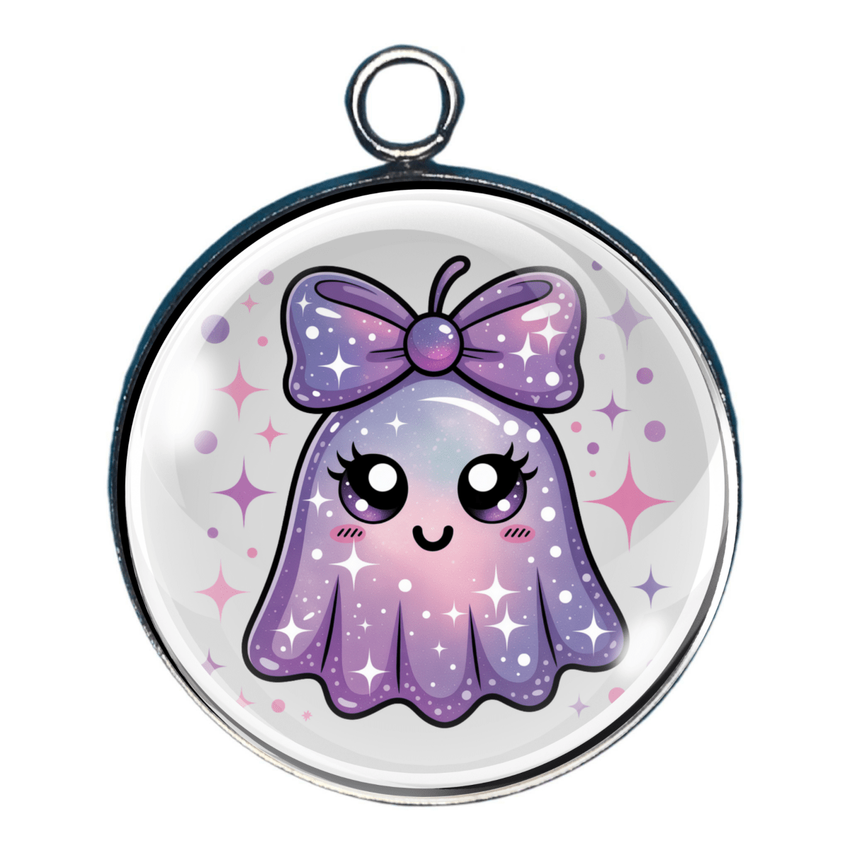 Charm of a Sparkly ghost with big purple ombre bow and starry background.