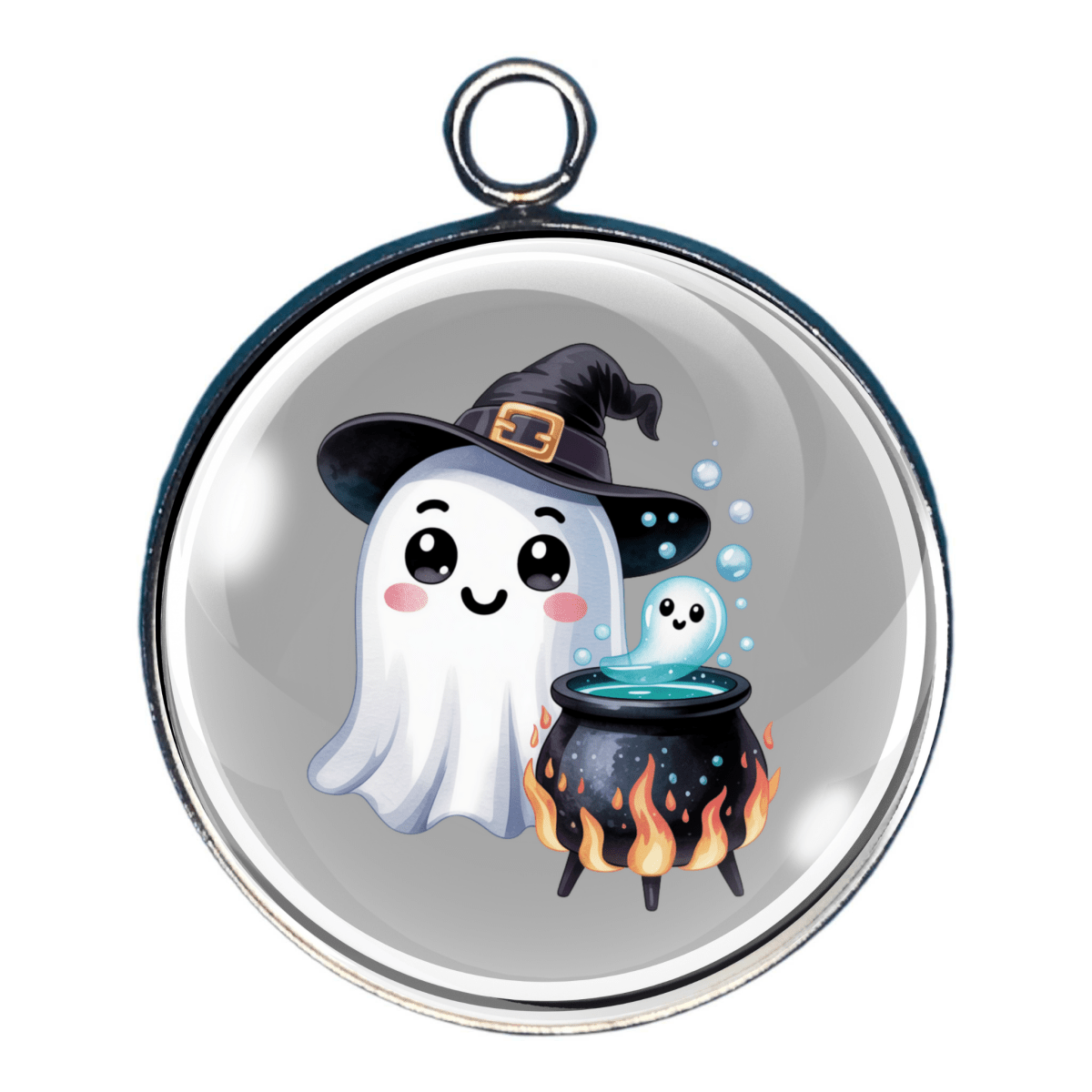 Charm of a Happy ghost with a cauldron, witch hat, and glowing potion.