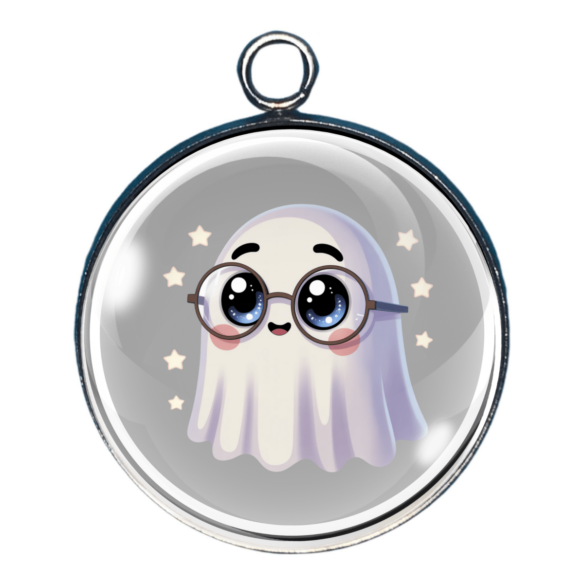 Charm of a ghost with round glasses and twinkling stars.