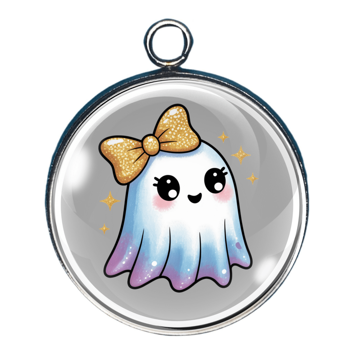 Charm of a beautiful ghost with a glittery gold bow and twinkling accents.