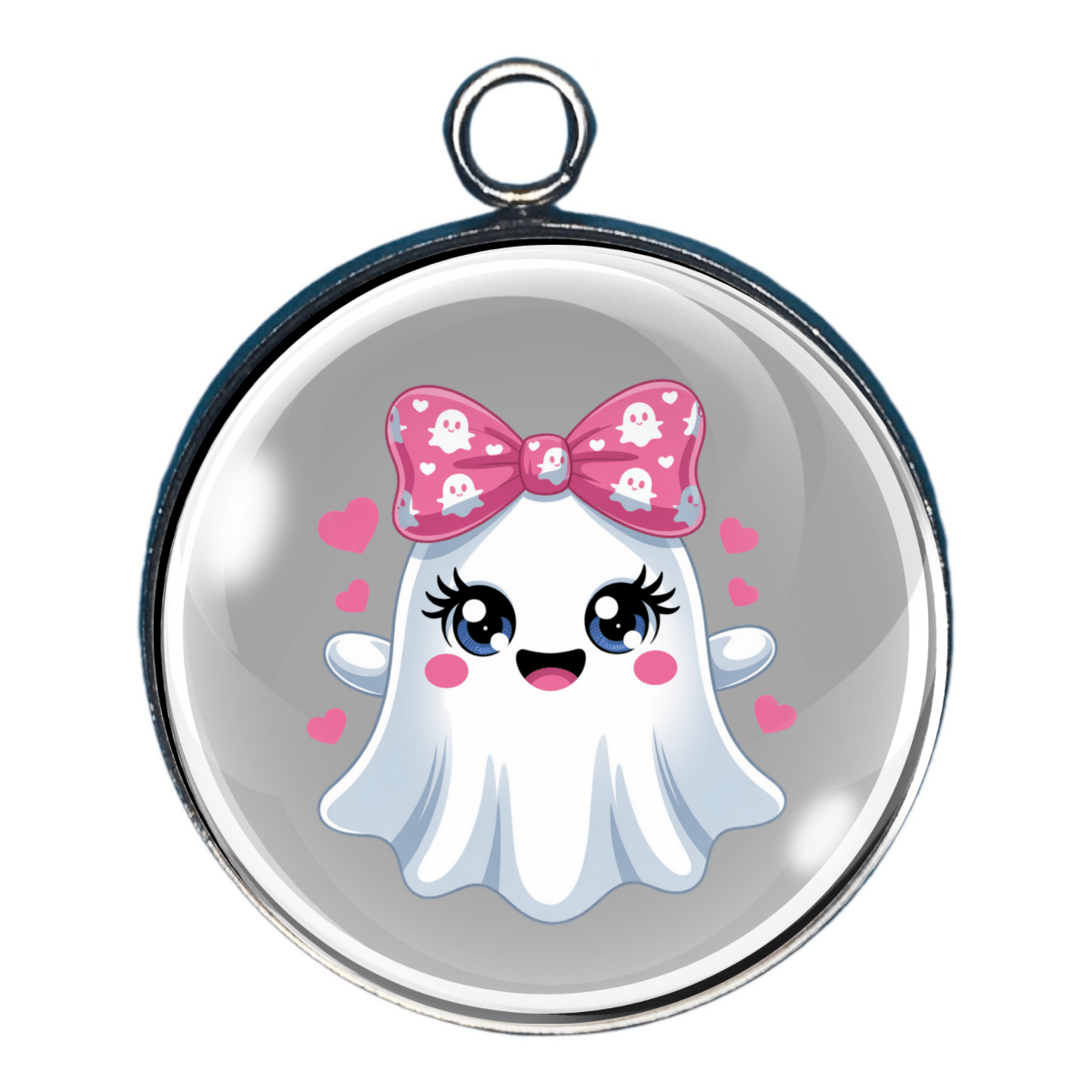 Charm of a White ghost with big eyes and a pink polka-dot bow, surrounded by hearts.