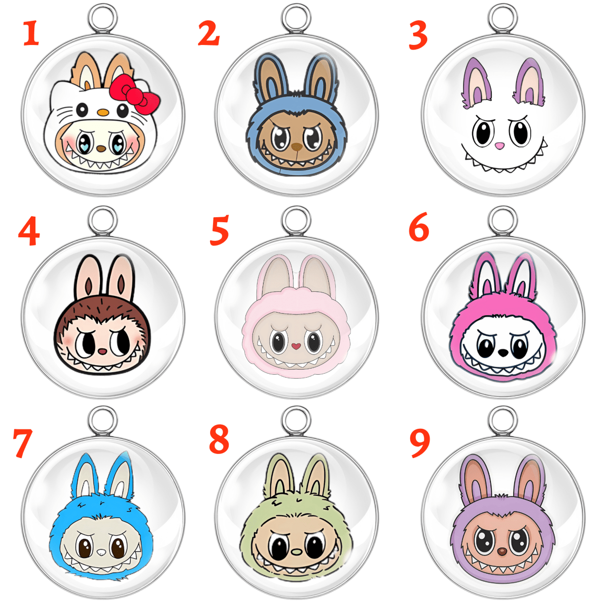 A set of 9 colorful Labubu-style bunny face charms with different facial expressions and cute character hoods, handmade as round glass cabochon charms.