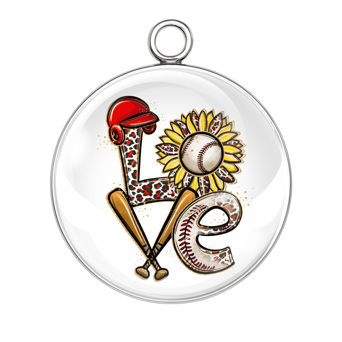 Baseball LOVE Charm – "LOVE baseball charm with red helmet, bat, and sunflower – glass cabochon pendant."