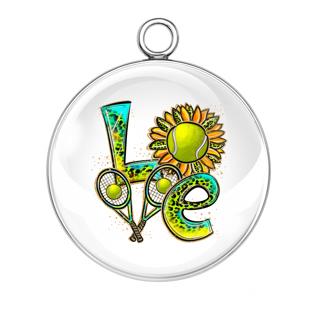Tennis LOVE Charm – "LOVE tennis charm with racket, ball, and sunflower – sporty handmade cabochon."