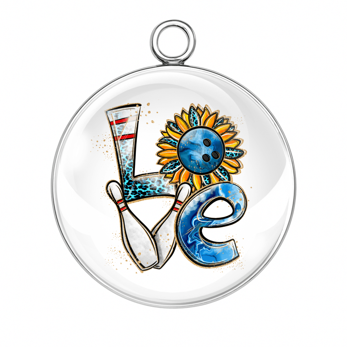 Bowling LOVE Charm – "LOVE bowling charm with pins, ball, and sunflower – fun sports-themed cabochon."
