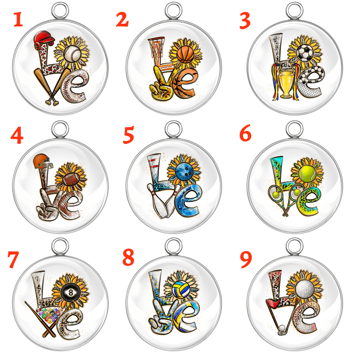 Set of 9 handmade LOVE sports charms with sunflower design and different sports themes including baseball, basketball, football, bowling, soccer, tennis, billiards, volleyball, and golf – glass cabochon pendants in stainless steel settings.