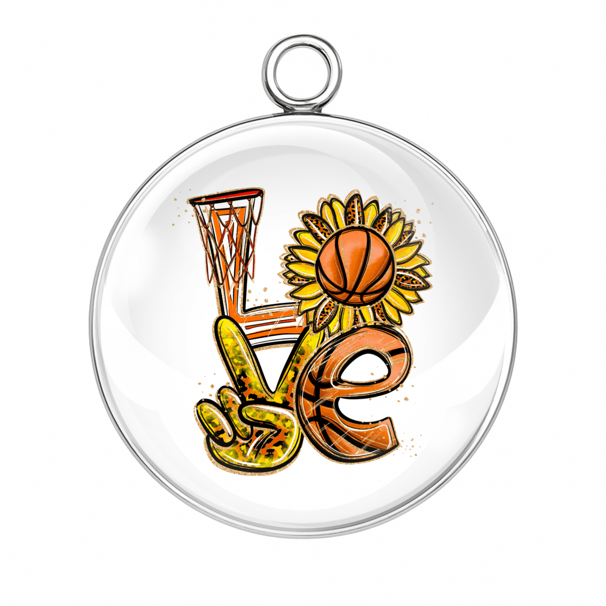 Basketball LOVE Charm – "LOVE basketball charm with hoop, ball, and sunflower – handmade cabochon jewelry."