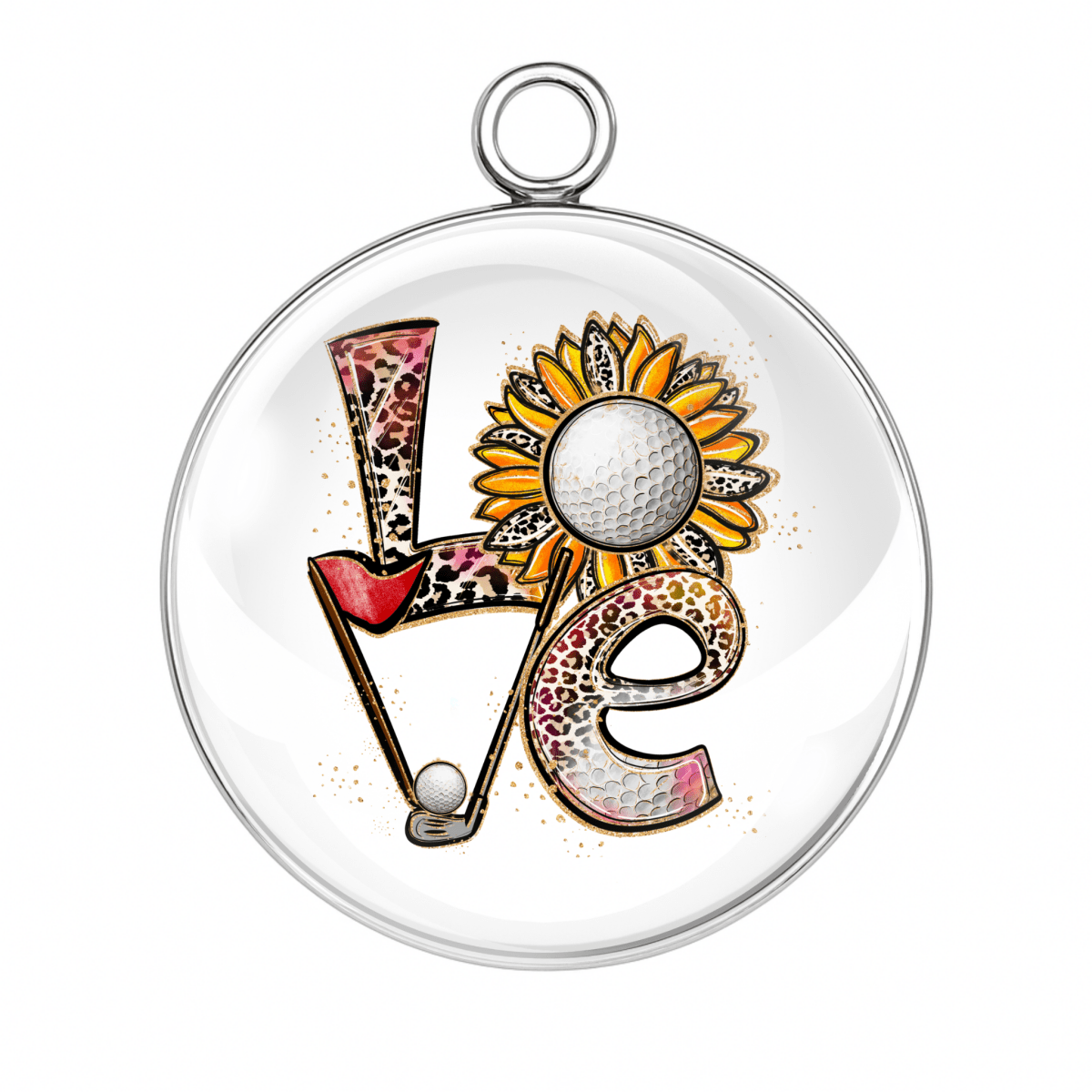 Golf LOVE Charm – "LOVE golf charm with club, tee, and sunflower – cute sports DIY cabochon charm."