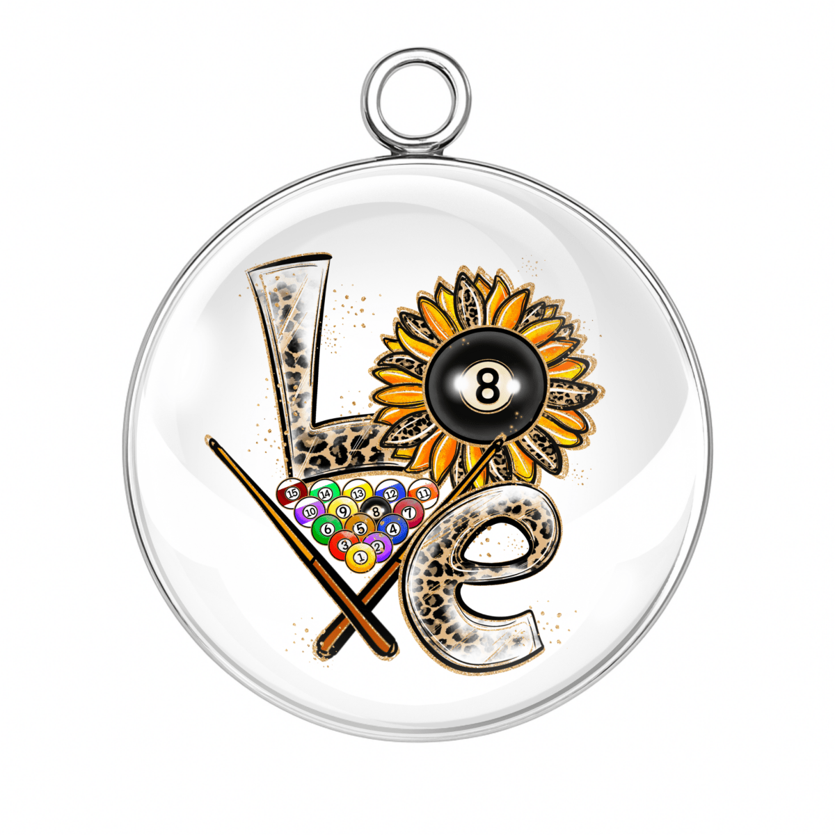 Billiards LOVE Charm – "LOVE billiards pool charm with cue, 8-ball, and sunflower – glass pendant charm."